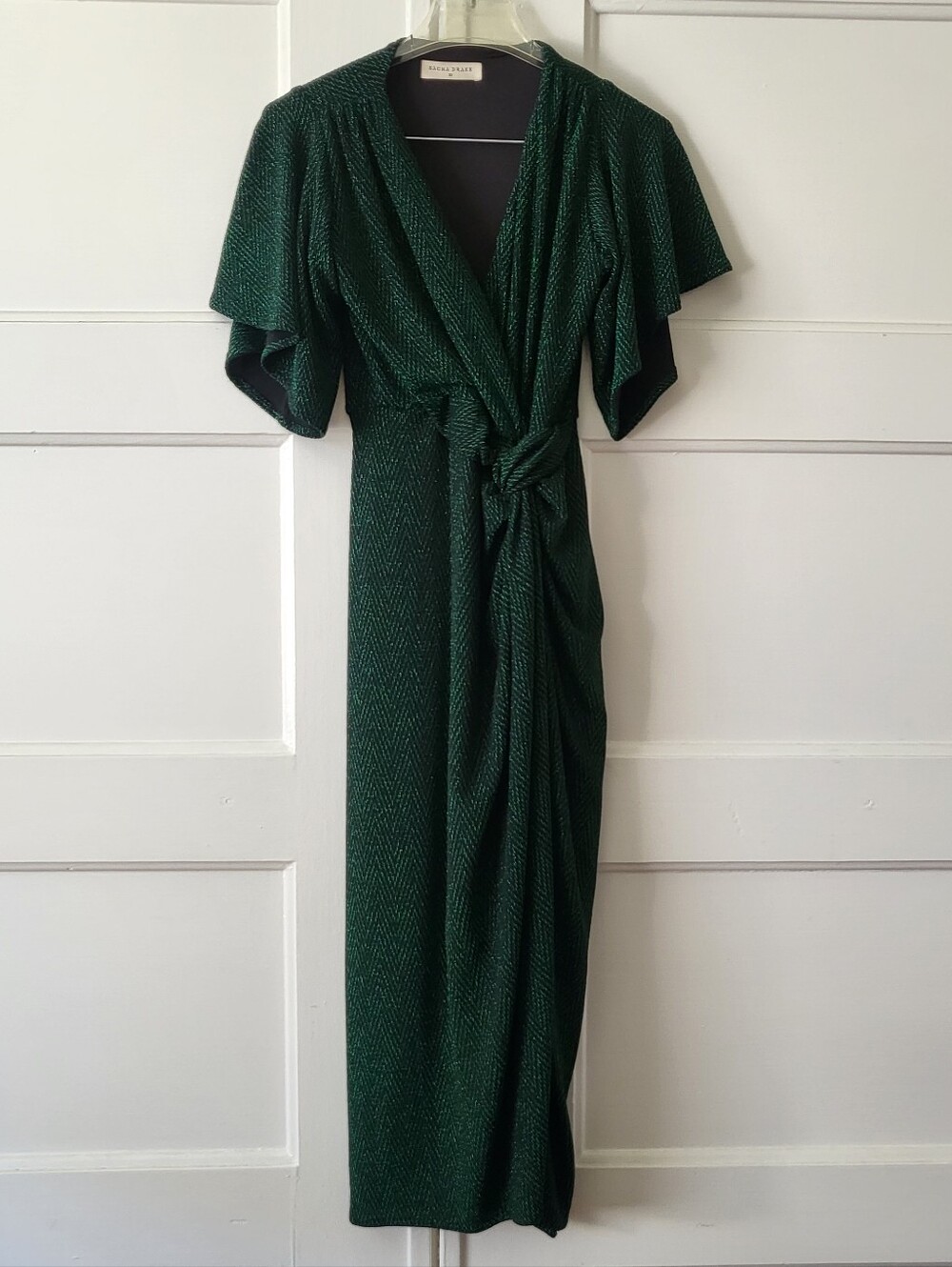 Sacha Drake Midi Dress AU 10 / US 6 Green Stretch Sparkle Ruched Empire Waist